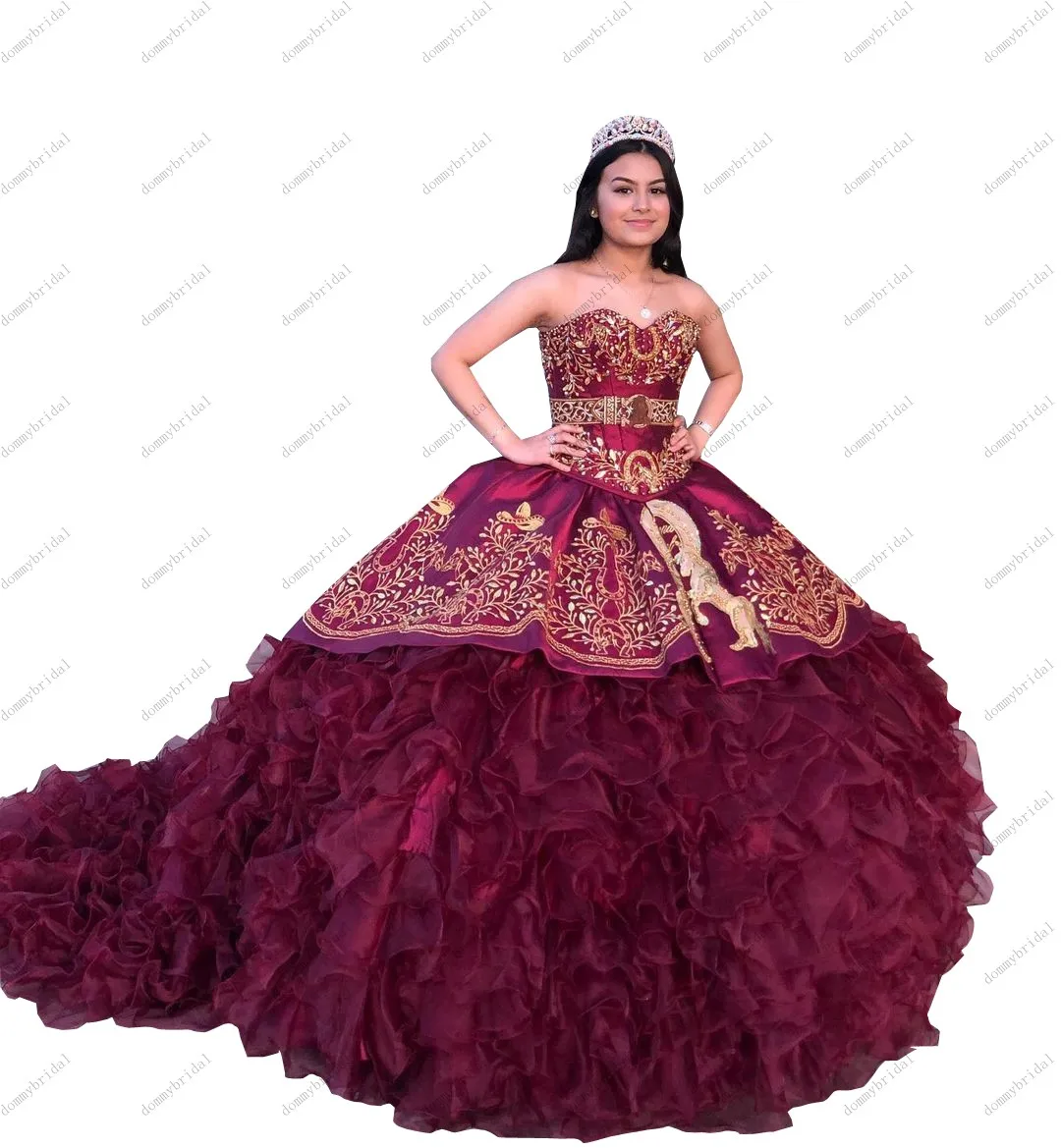 2023 mode Gold Stickerei XV Burgund Ballkleid Satin Rüschen Charro Günstige Quinceanera Mexikanischen Puffy Kleider Süße 15 16