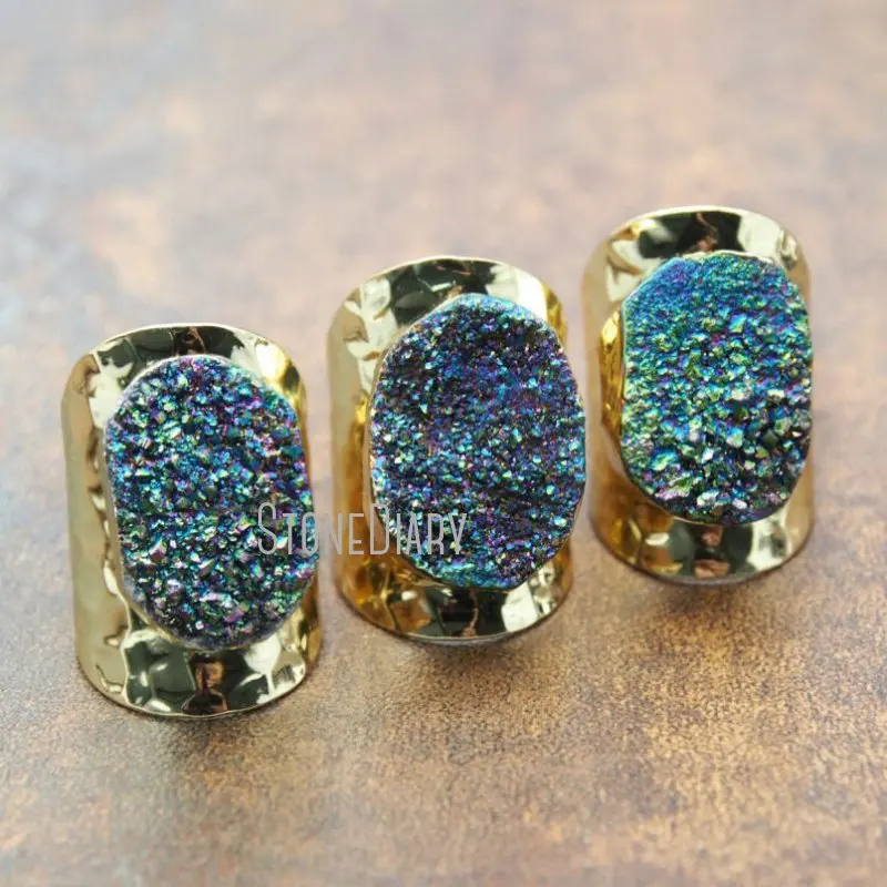 

RM15313 5Pcs Titanium Rainbow Druzy Crystal Ring Pure Gold Color Free Form Ring Adjustable