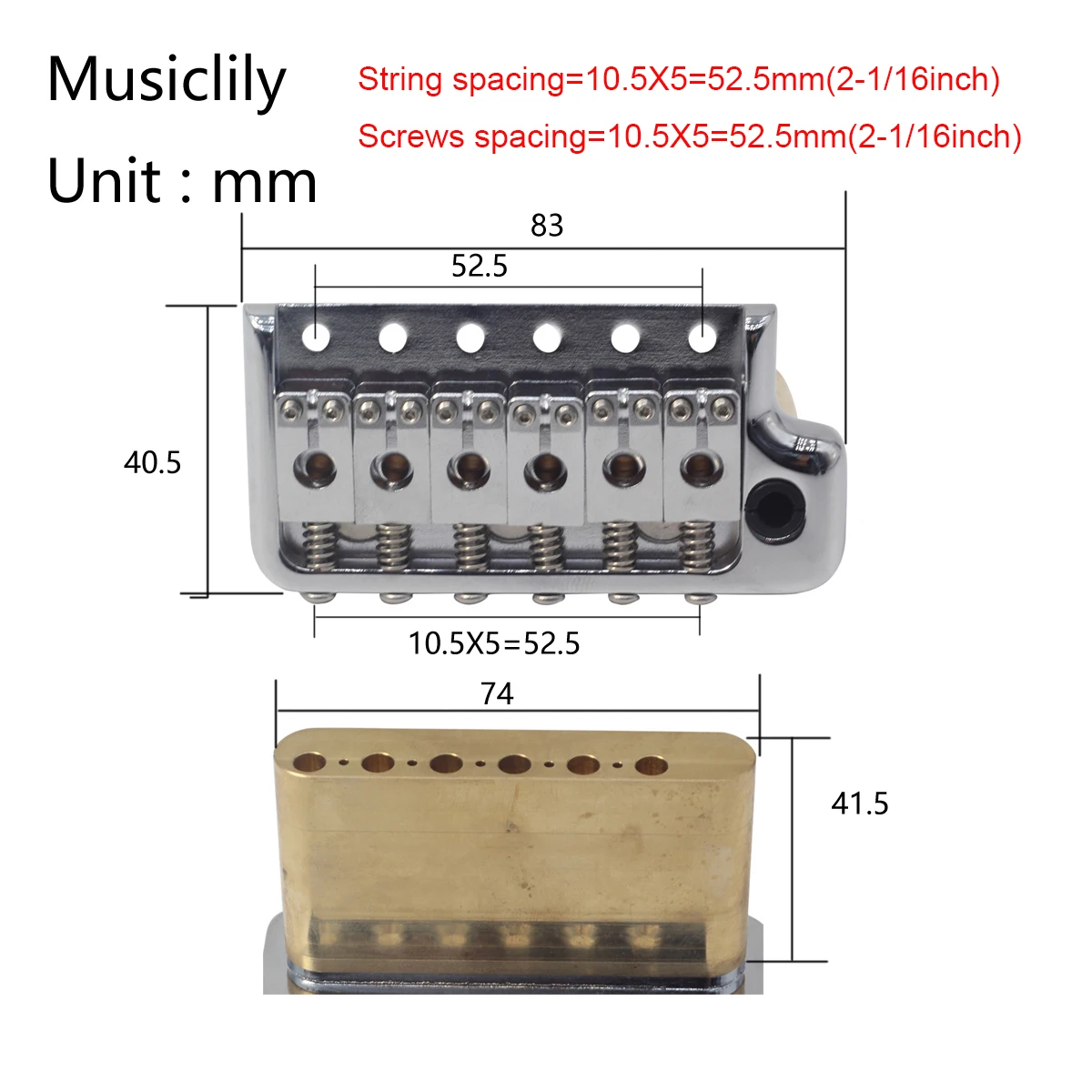 Musiclily Ultra 52.5mm Full Solid Brass 6-Screws PRS-Style Knife Edge Tremolo Bridge for Strat Style Electric Guitar, Chrome