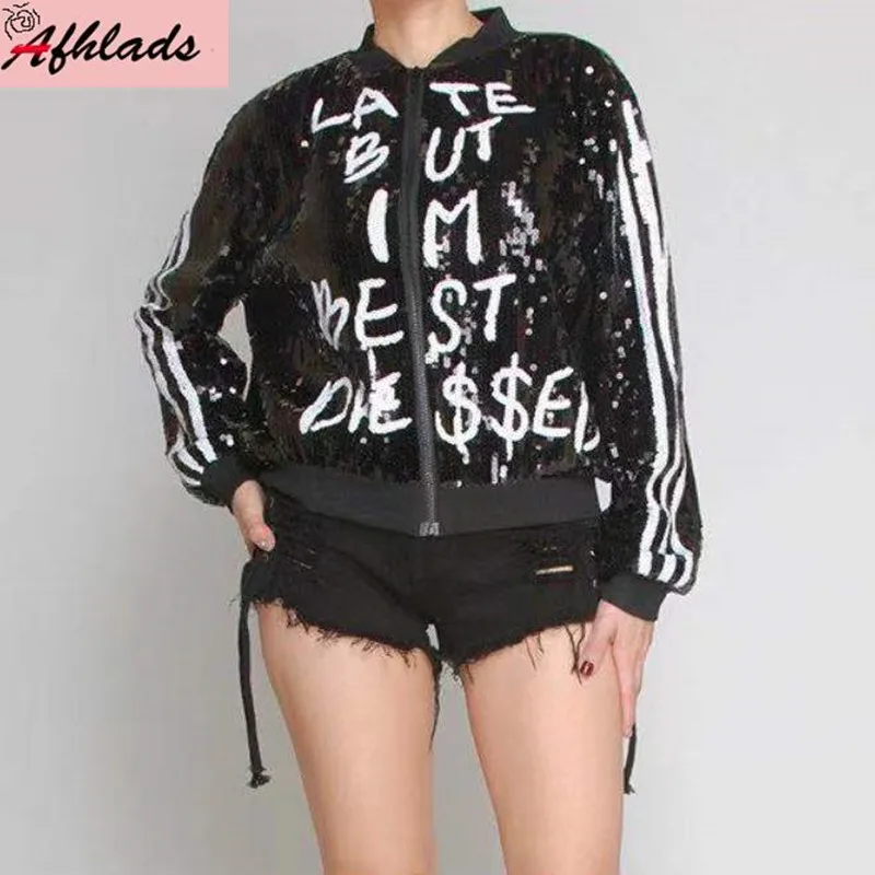 

Patchwork Round Neck Letter Print Hip Hop Sequined Night Club Jacket Female Spring Autumn Outerwear Long Sleeved Coat