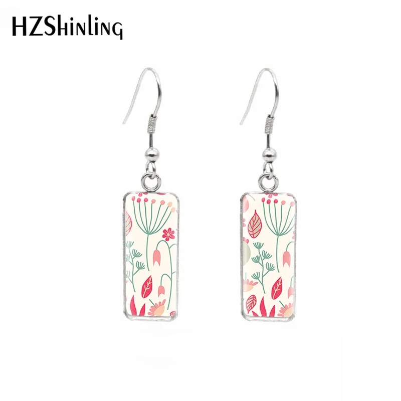 Hzshinling New Beautiful Flower Cute Square Fish Hook Earirngs Glass Dome Ear Pendants Jewelry