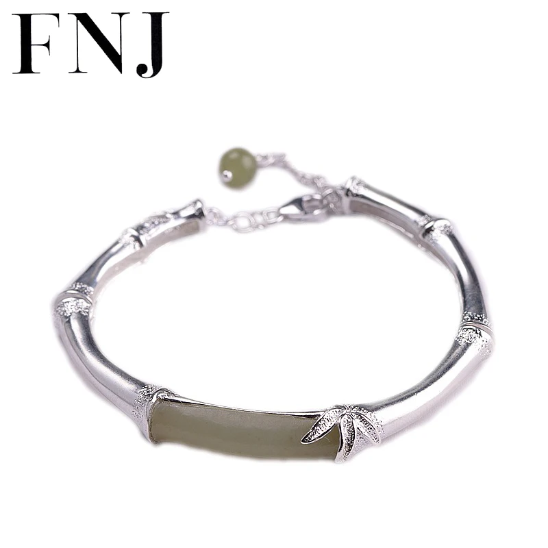 FNJ 925 Silver Bangles for Women Jewelry 100% Original S925 Sterling silver Bangle Bamboo Natural Hetian Jade