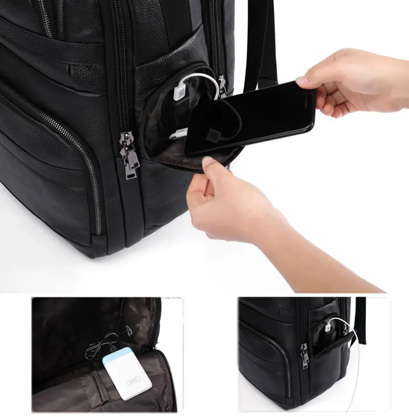 Imagem -06 - Luufan-genuíno Couro de Vaca Usb Mochila de Carregamento para Homens Mochila para Laptop à Prova d Água Mochila de Viagem Masculina Grande Mochila Preta 16