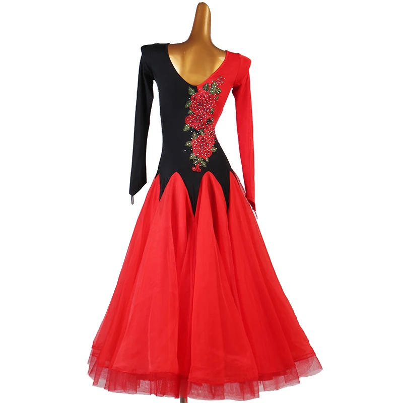 Ballroom Dance Competition Dresses Women Waltz Dress Standard Dancing Wear Costume Customize D1007 Mesh Sleeve Applique Big Hem