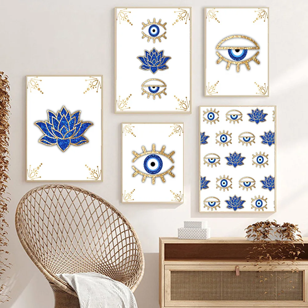 Evil Eye Gold Blue Pink Sparkly Lotus Wall Art Canvas Painting Nordic Posters And Prints Wall Picture For Living Boho Room Decor