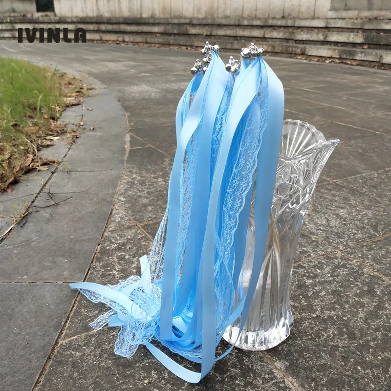 50pcs/lot light blue Lace wedding wands with sliver bell for wedding decoration