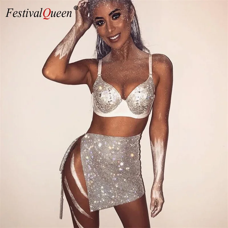 

FestivalQueen Women's Shining Rhinestone Metal Chain Mini Skirt Sexy Club Wear See Through Luxury Bling Nightclub Wear Party