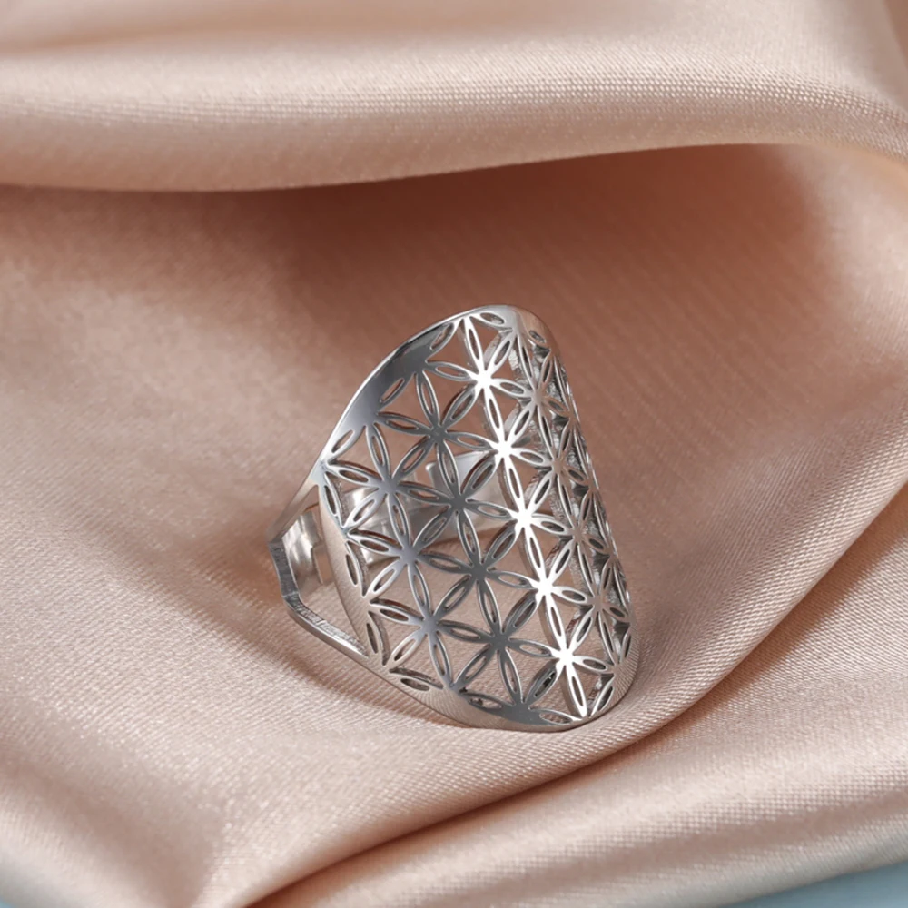 Skyrim Flower of Life Ring Vintage Adjustable Stainless Steel Sacred Geometry Rings for Women Amulet Jewelry Gift Wholesale