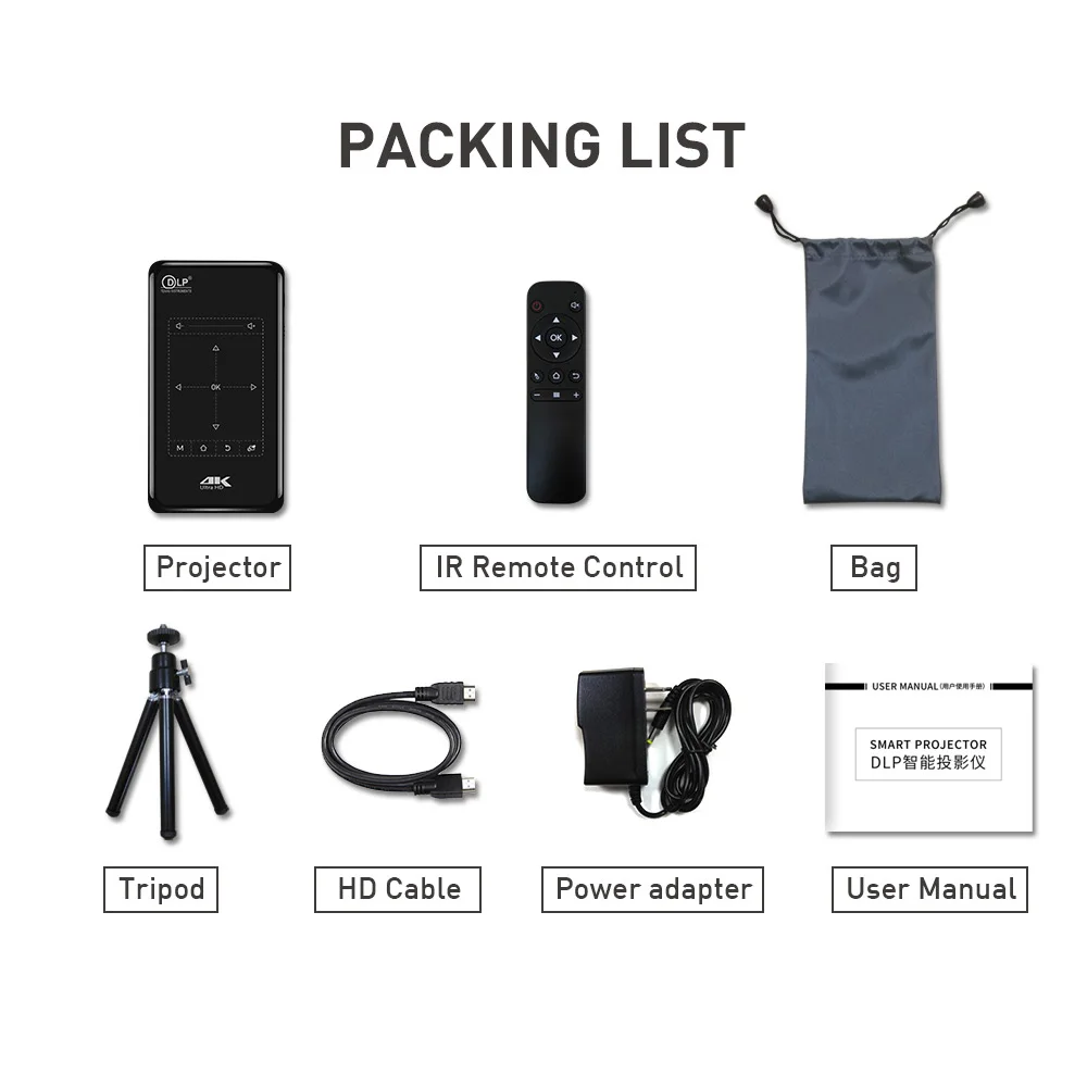 Projetor Portátil de Bolso DLP Mini, P09-II, Android 9.0, 2GB de RAM, 32GB, WIFI 5, BT4.2, 4K HD Beamer, Cinema em Casa, Vídeo LED, Novo