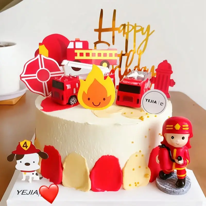 Fire Trucks Water Spraying Ladder Car Cake Topper Decor Birthday Party Hero Fireman Theme Birthday Boy 1st Birthday Cake Topper