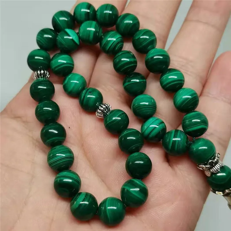 Silver Pendant 8mm Natural Green Malachit Stone Round Shape 33 Prayer Beads Muslim Tasbih Allah Mohammed Rosary