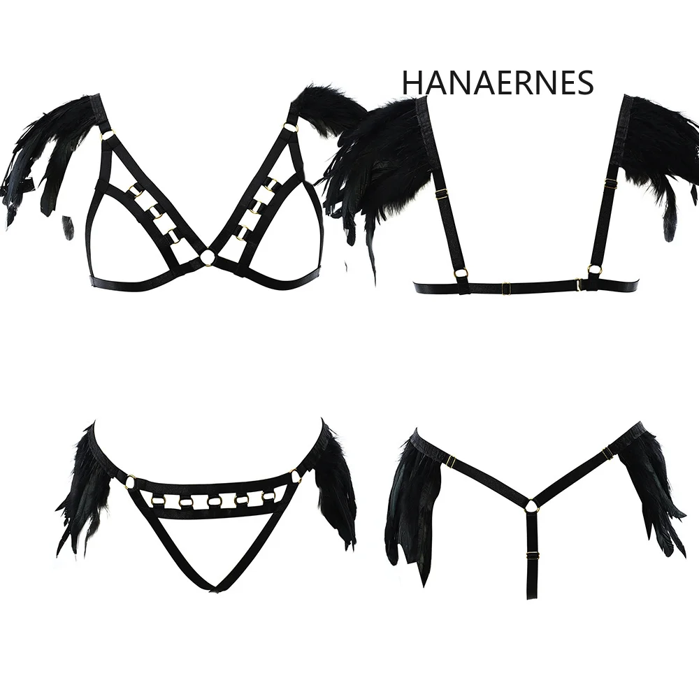 HANAERNES-charreteras de plumas góticas, Top de alas de hombro, arnés Sexy festivo, lencería de vendaje, barra de baile, arnés corporal ajustable