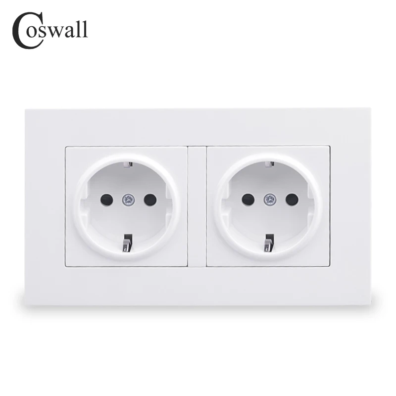 COSWALL Simple Style PC Panel 16A EU Standard Wall Power Double Socket Grounded With Children Protective Lock 146*86mm