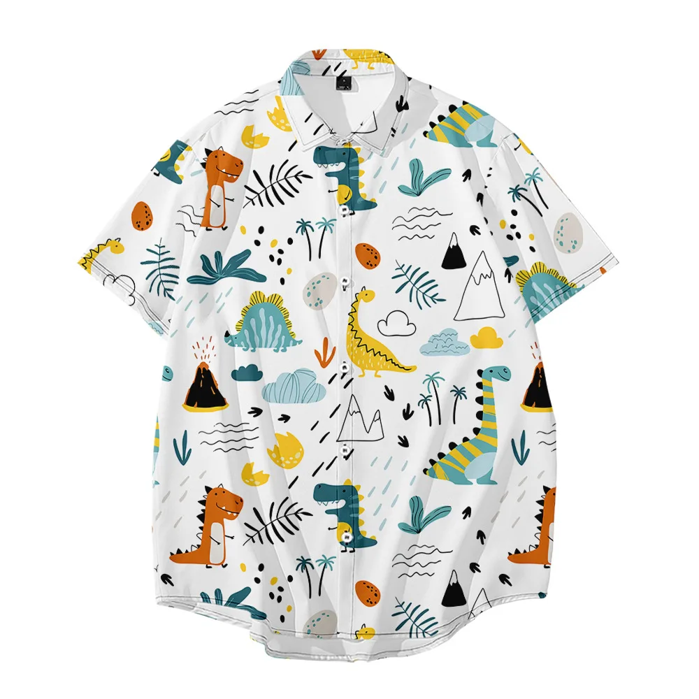 

Male Loose Summer Casual Turn Down Collar Blouse Tops New Men's Short Sleeve Cartoon Dinosaur Print Shirts Plus Size 6XL