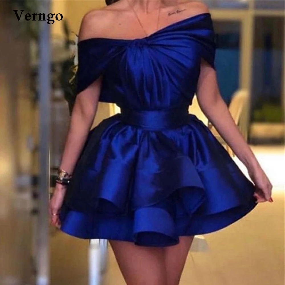 Verngo Short Royal Blue Satin Prom Dresses Off the Shoulder Sleeves Pleats Ruffles Layered Mini Cocktail Party Gowns