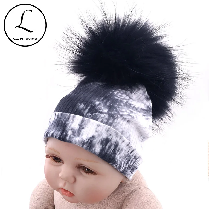 GZhilovingL Winter black tie dye Beanies hats With Real Fur Pompom For Baby Girls Toddler Kids Soft Fur Ball Cotton Ribbed Hats