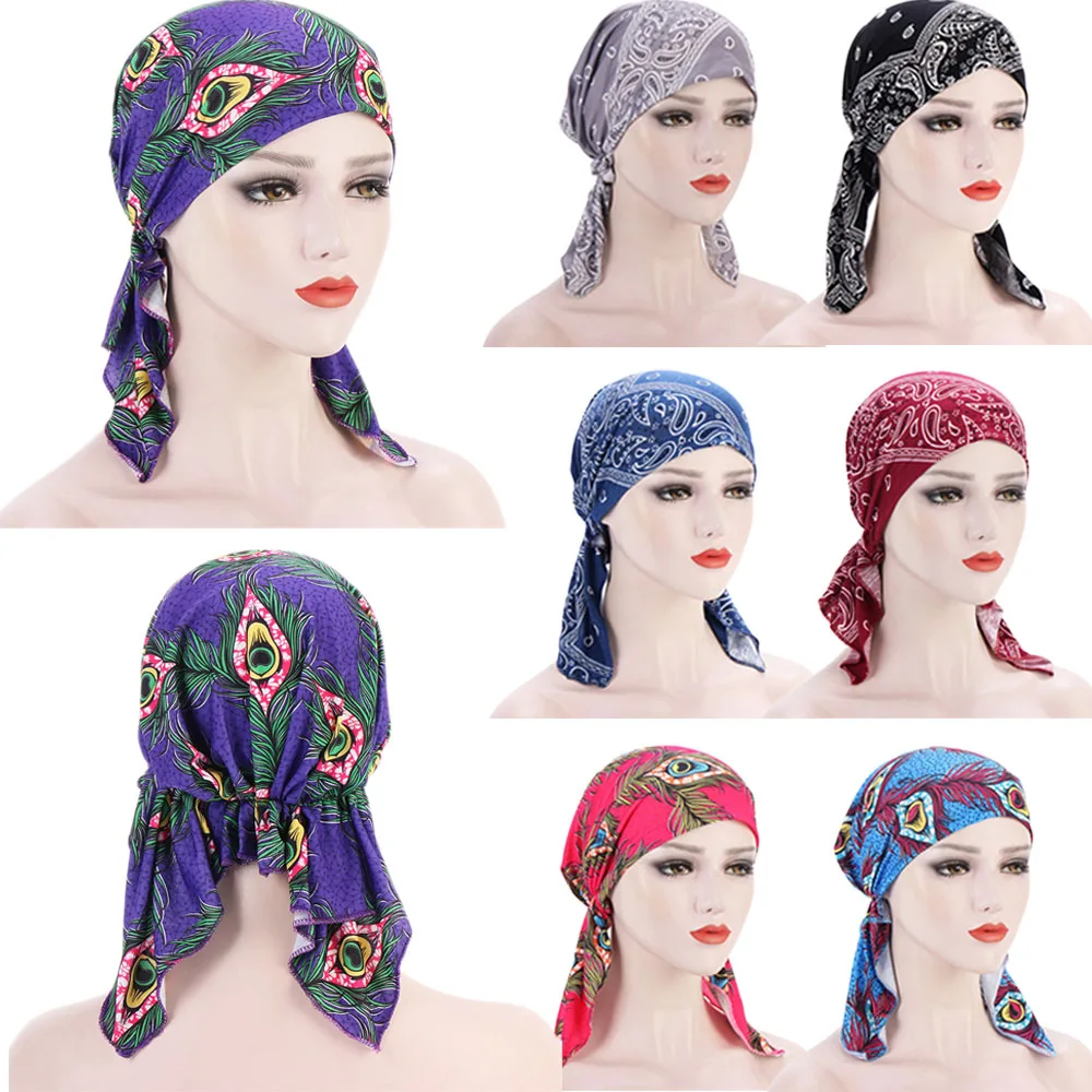 แฟชั่นพิมพ์ Turban หมวก Baotou หมวกมุสลิมยืดหัวผ้าพันคอ Bonnet ผู้หญิงภายใน Hijabs เคมีบำบัด Underscarf