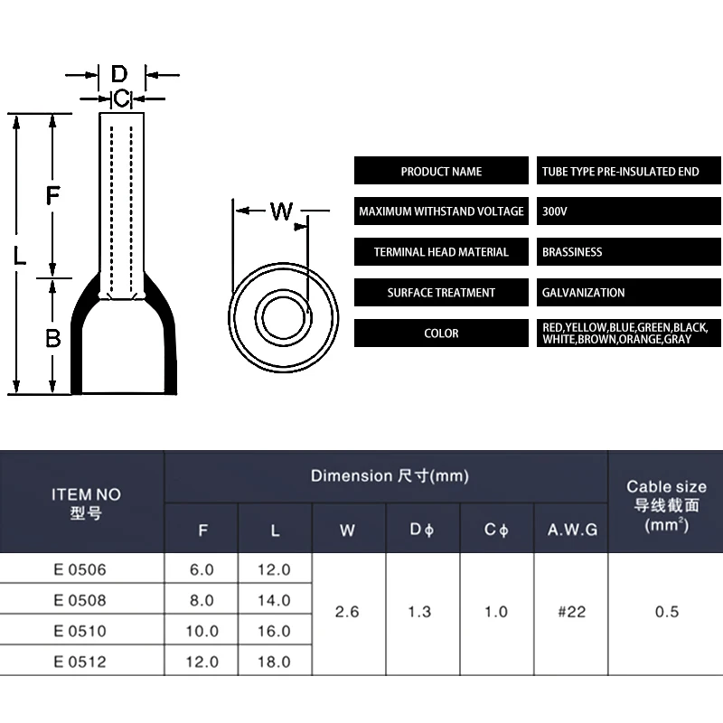 100pcs/pack E0506 E0508  E0510 E0512 Insulated Ferrules Terminal Block Cord End Wire Connector Electrical Crimp Terminator