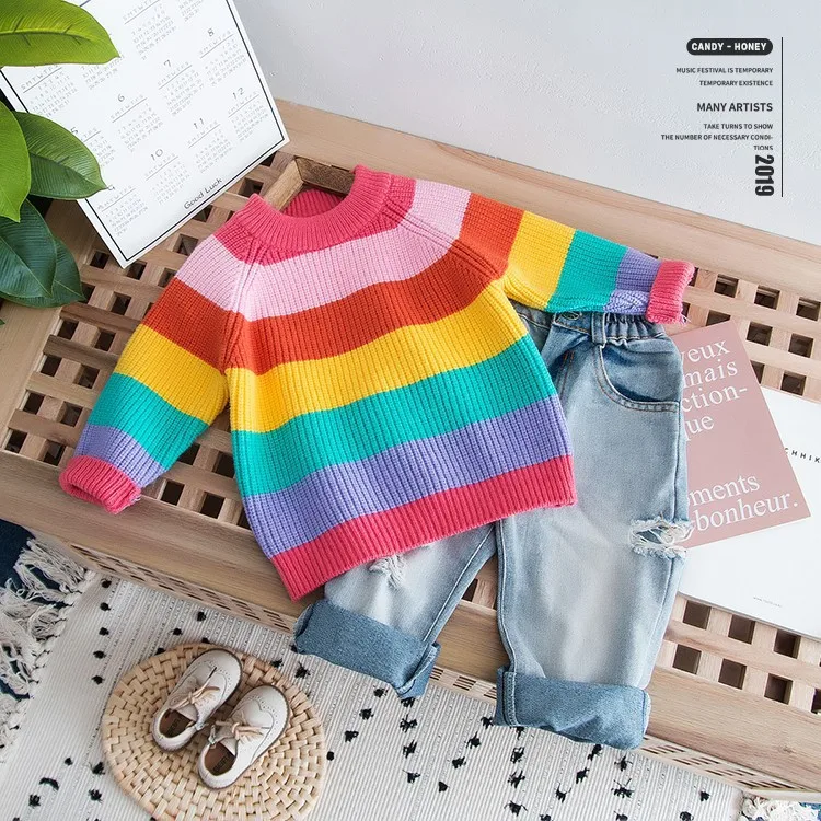 Winter Rainbow Family Christmas Sweaters Mother&Daughter Hoodies Clothes Stripe Children\'s Bottoming Shirt Kids Sweatshirt Gift