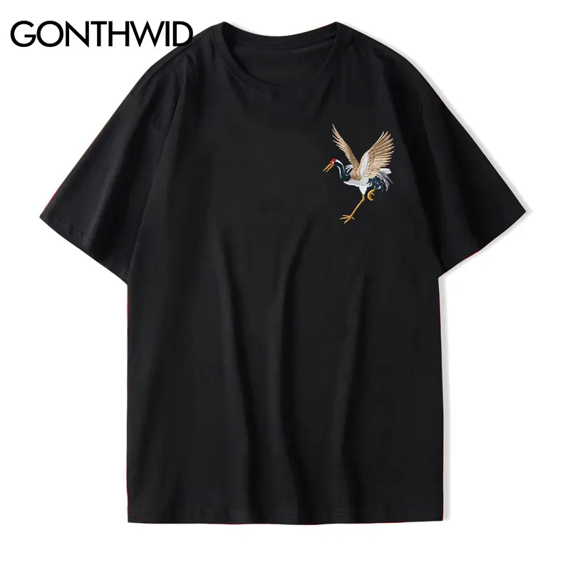 GONTHWID Harajuku Embroidery Crane Tees Shirts Mens 2024 Hip Hop Streetwear Tshirts Summer Fashion Casual Short Sleeve Tops Male