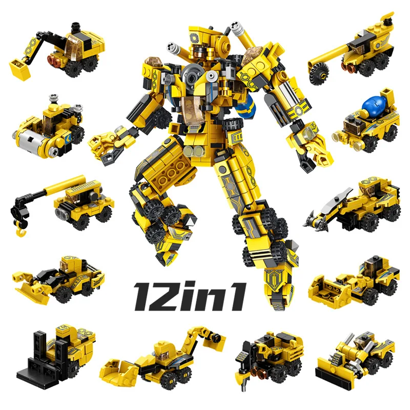 Assembled Tech Blocks Deformed 12-in-1 Urban City Engineering Mecha Fire Brigade Children's Intelligence DIY Building Block Toys