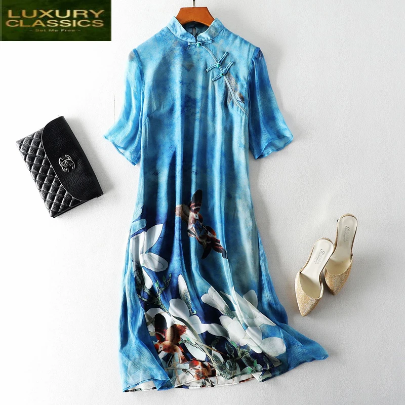 

Beach Vintage Women Summer Dress Real Silk Print Floral Dresses Elegant Ladies Blue Dress Loose Dresses Vestidos 88009