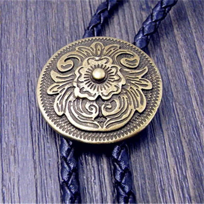 Art Bolo tie Antique Brass Silver color Flower Totem Round Buckle Adjustable Western Cowboy Novelty ties