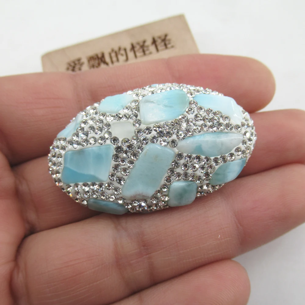 APDGG 1PC Natural Blue Larimar Pave Crystal Rhinestone Oval Shape Connector Spacer Bead For Making Bracelet necklace Jewelry DIY