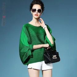 LANMREM 2024 High Quality New Fashion Loose Pleated T-shirt Round Collar Batwing Half Sleeve Pleated Women's  Tops YE112