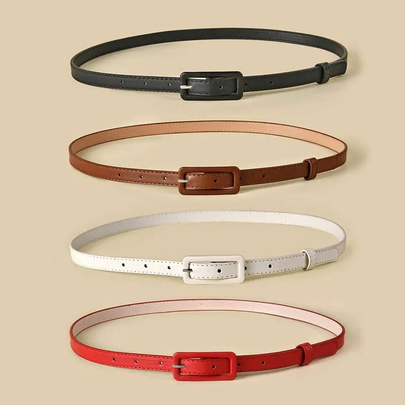 

Black White Red Blue PU Leather Belts Thin Skinny Waistband Adjustable Leather Belt Sweetness Women Female Belts For Dress