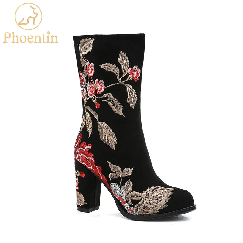 Phoentin ethnic floral embroidery boots calf high heels zipper closure black designer shoes women luxury 2023 new arrival FT807