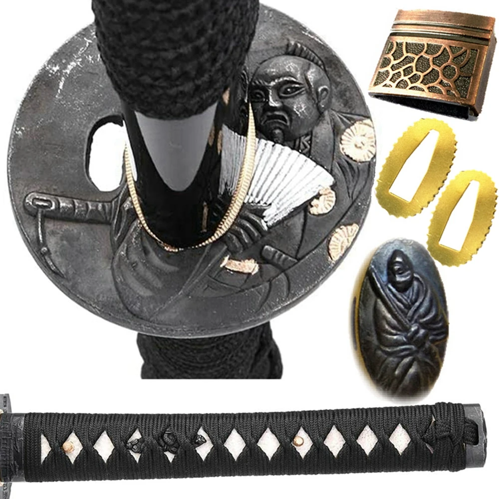 A Set Samurai Theme Fittings for Katana/Wakizashi/Tanto Sword Guard Accessory Tsuba+Menuki+Fuchi+Kashira+Handle+Habaki+Seppa