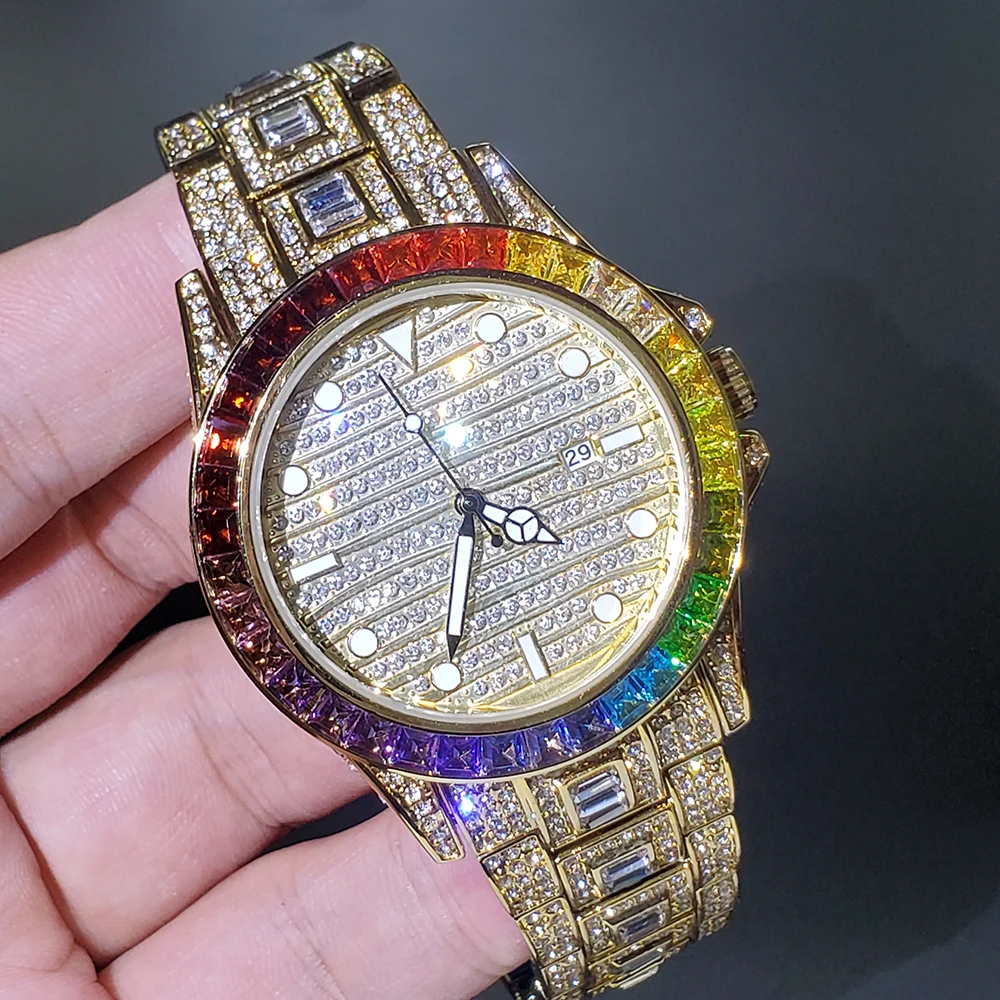 

Automatic Date Top Brand Mens Wrist Watch Gold Square Diamond Stainless Steel Rainbow Bezel Men Quartz Watch Montre Homme Clock