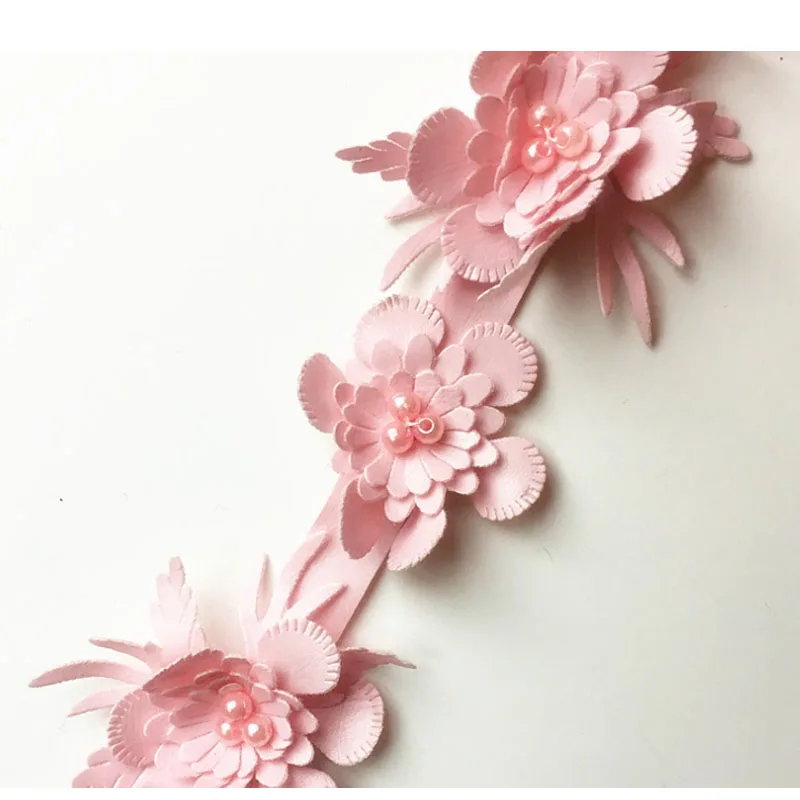 2y Artificial Leather Flower Pearl Embroidered Lace Trim Ribbon Fabric Sewing Supply Craft DIY For Costume Dress Hat Decoration