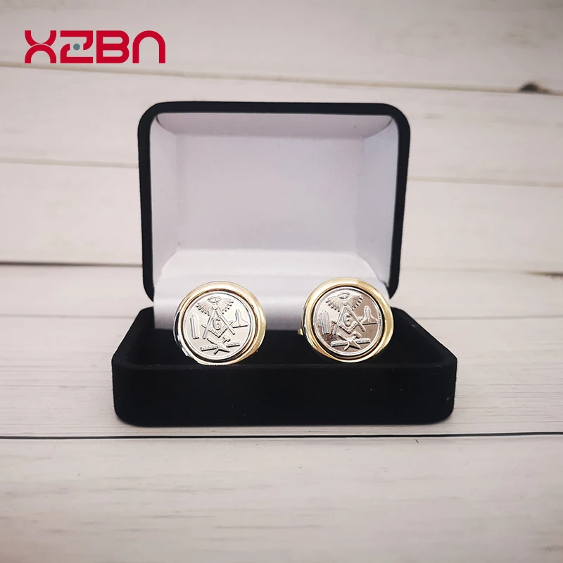 Masonic one pair of round Cufflinks Mason Freemason with Velvet Boxed  Tieclip Gold plating Men's suit accessories sleeve nails