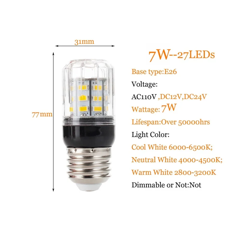Hot E27 E14 E12 E26 27LEDs 7W Lighting SMD 5730 LED Corn Bulb Lamp Christmas Chandelier Lights 110V 220V DC 12V 24V Lamps