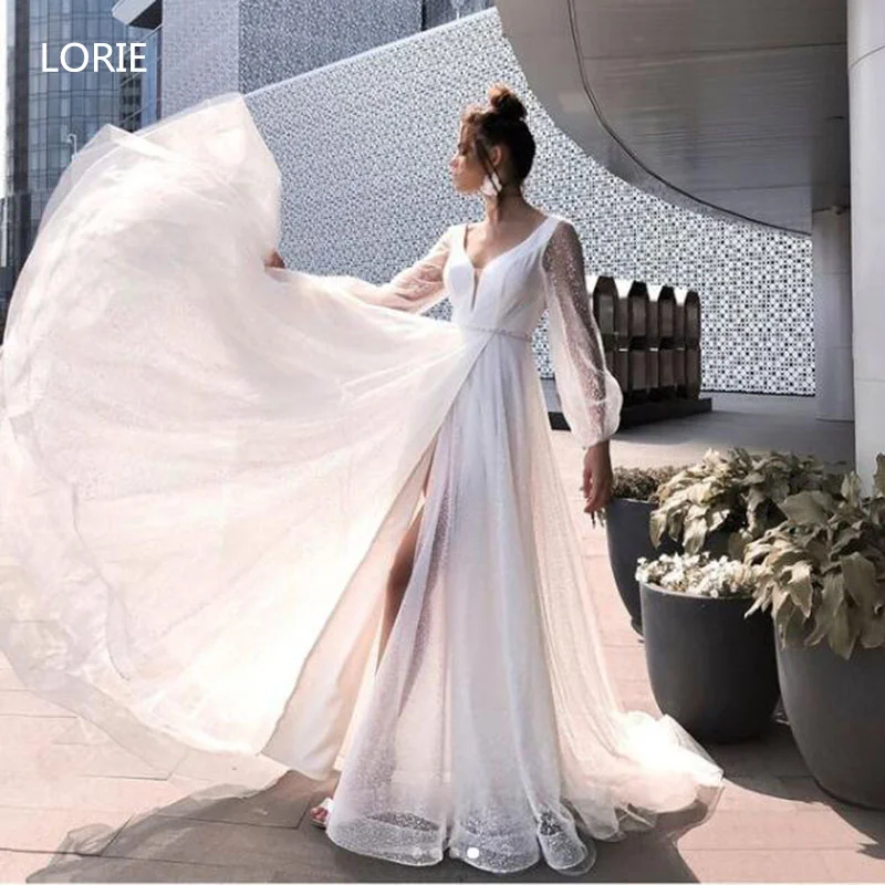 LORIE-vestido de novia de corte en A para playa, manga abombada, tul brillante, bohemio, abertura lateral, vestidos de novia de princesa de talla grande