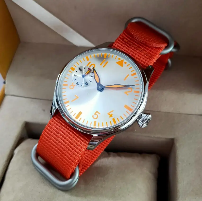 

44mm Pilot style not have logo Mechanical Hand Wind Men's Watch Silver dial orange number orange nylon band st3600-2 movement