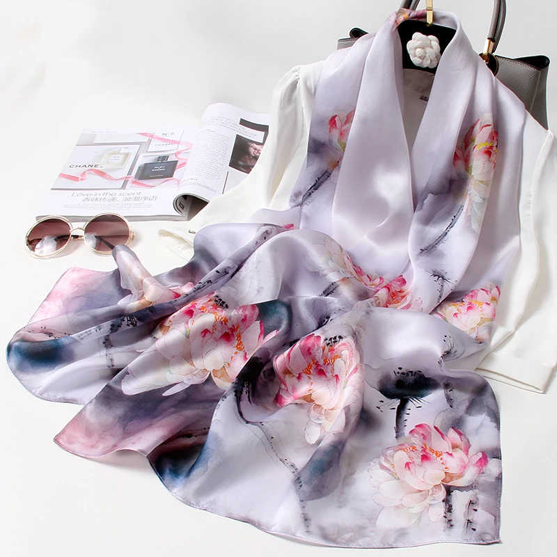 Foulard en soie véritable pour femmes, Foulard de luxe imprimé Hangzhou, châle en soie naturelle, doux et Long, 100%