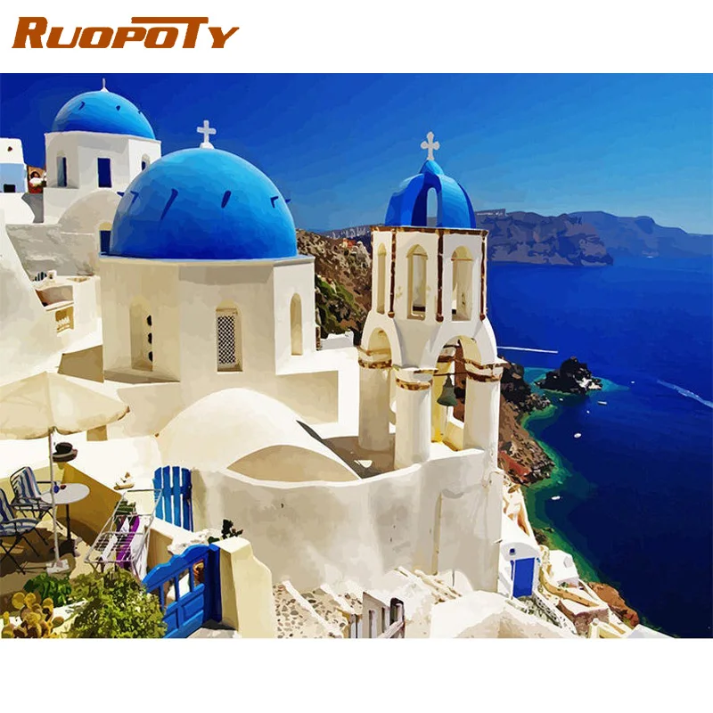 RUOPOTY Frame Diy Painting By Numbers Santorini Landscape Kits Paint By Numbers For Adults HandPainted Paints Home Wall Decor