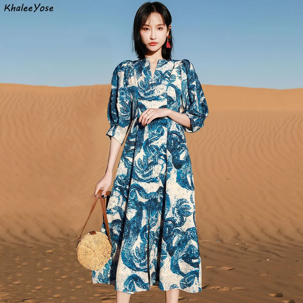 

Khalee Yose Vintage Floral Midi Dress Spring Holiday Women Dresses Puff Sleeve V-neck Elegant Highstreet Ladies Blue Long Dress