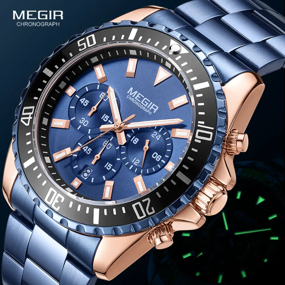 MEGIR Stainless Steel Strap Quartz Watch for Men Chronograph Blue Watches man Luminous Hand Wristwatch часы мужские montre homme