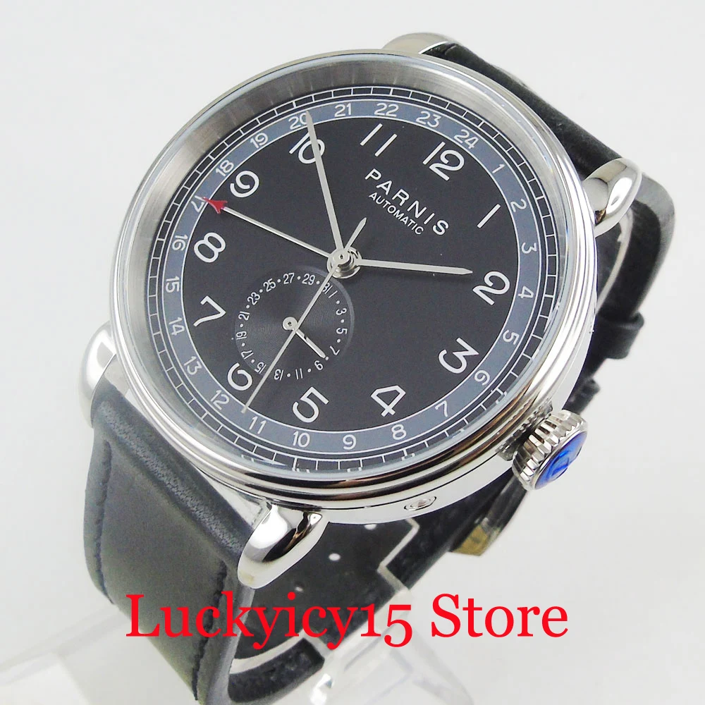 4 Colors Round PARNIS 42mm Date 24 Hour Indicator Men Wristwatch Glass Leather Strap