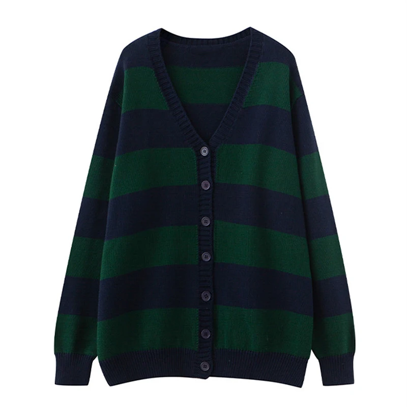 PUWD Vintage Women V Neck Stripe Knitted Cardigan 2022 Autumn Fashion Ladies Loose Cotton Sweaters Girls Chic Knitwear Tops