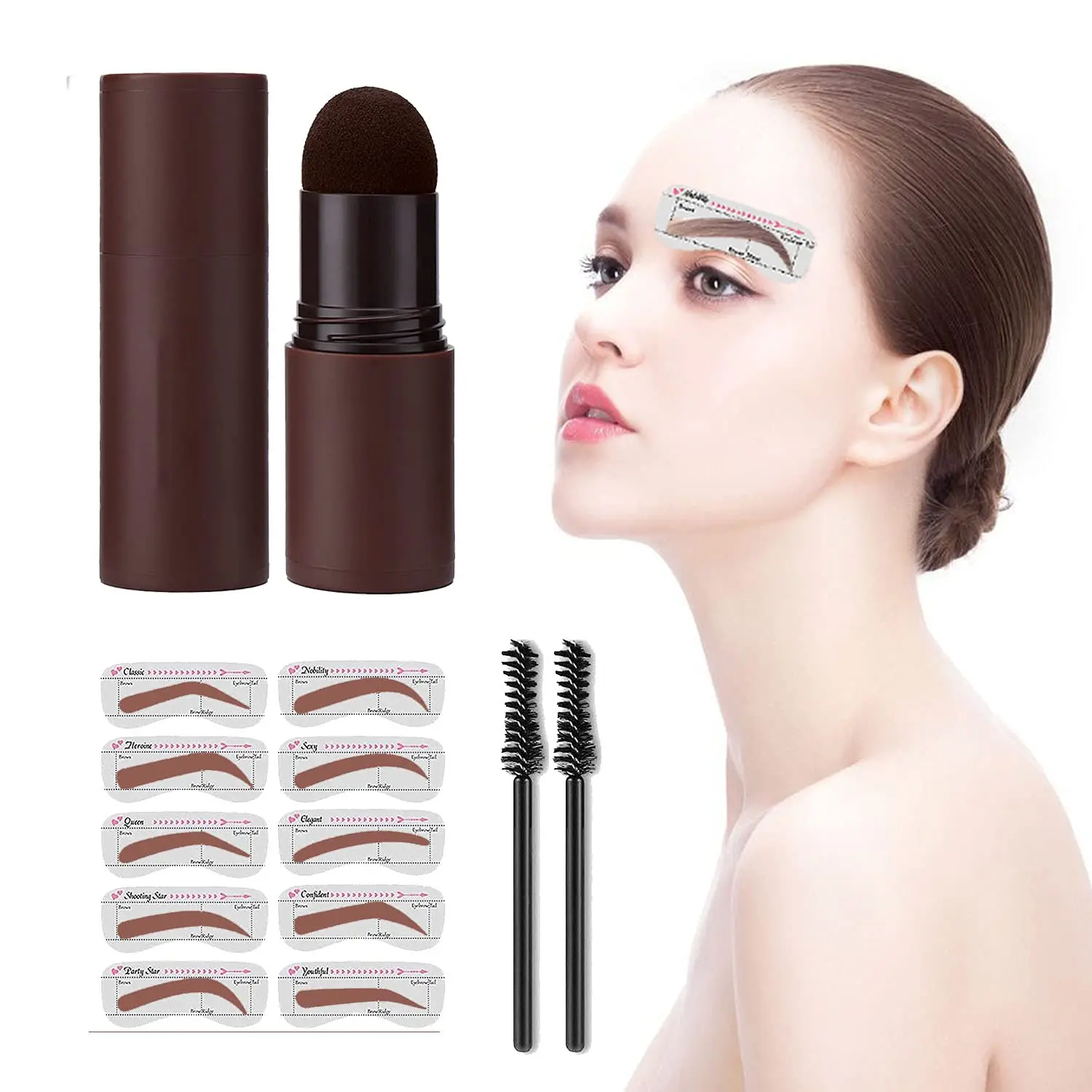 3 In 1 Eyebrow Stamp Kit Brow Powder for Hairline Contour Waterproof Long Lasting Eyebrows Shaping with Brow Card Stencils