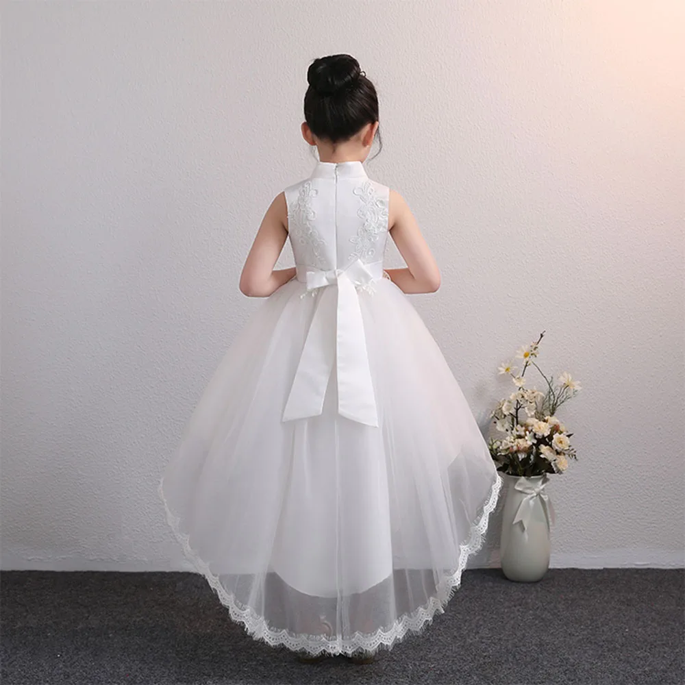 High Collar Lace Flower Girl Dresses Fashion Occasion Party Dress High Low With Back Bow