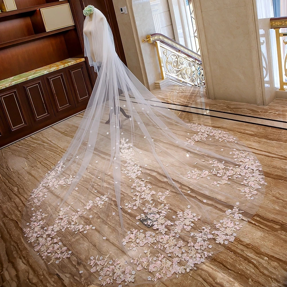 Velo da sposa in pizzo bianco a due strati avorio con fiori rosa cattedrale veli da sposa lunghi con pettine in metallo accessori da sposa sposa