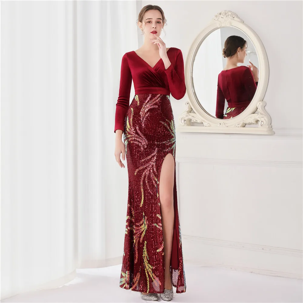 

Wine Red Sequined Flannel V Neck Long Sleeve Side Split Hot Sexy Party Dress Mermaid Elegant Special Occasion Dresses For Women