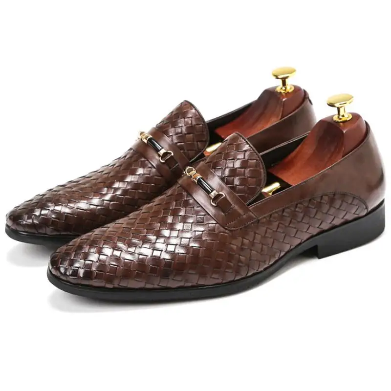 

England Trendy Weave Loafers Genuine Leather Men Shoes Mens Daily Office Work Shoes Business Casual Party Dress Shoes