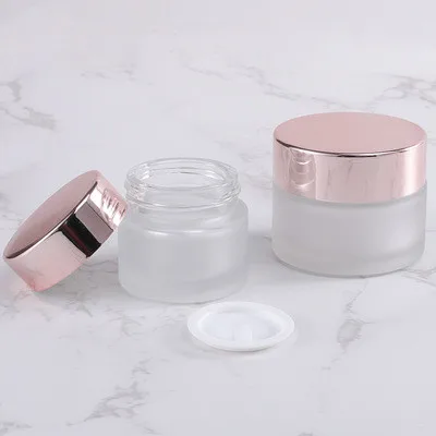 

Luxury cosmetic container 1oz 2oz 10g 15g 20g 30g 50g 100g empty clear matte frosted glass cream jar with rose gold lid